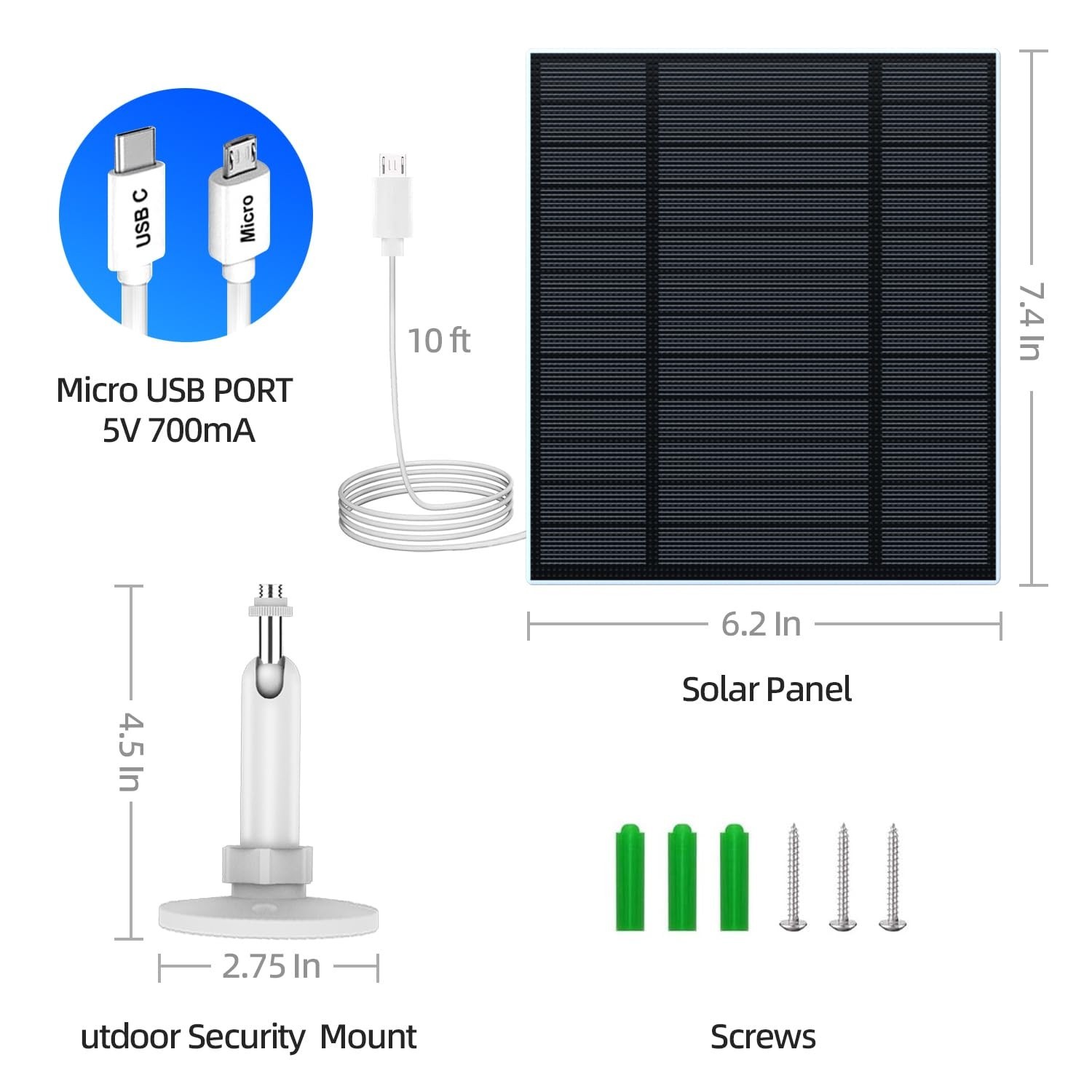 5W Solar Panel for Security Camera, Solar Panel with Micro USB & USB-C Port f…