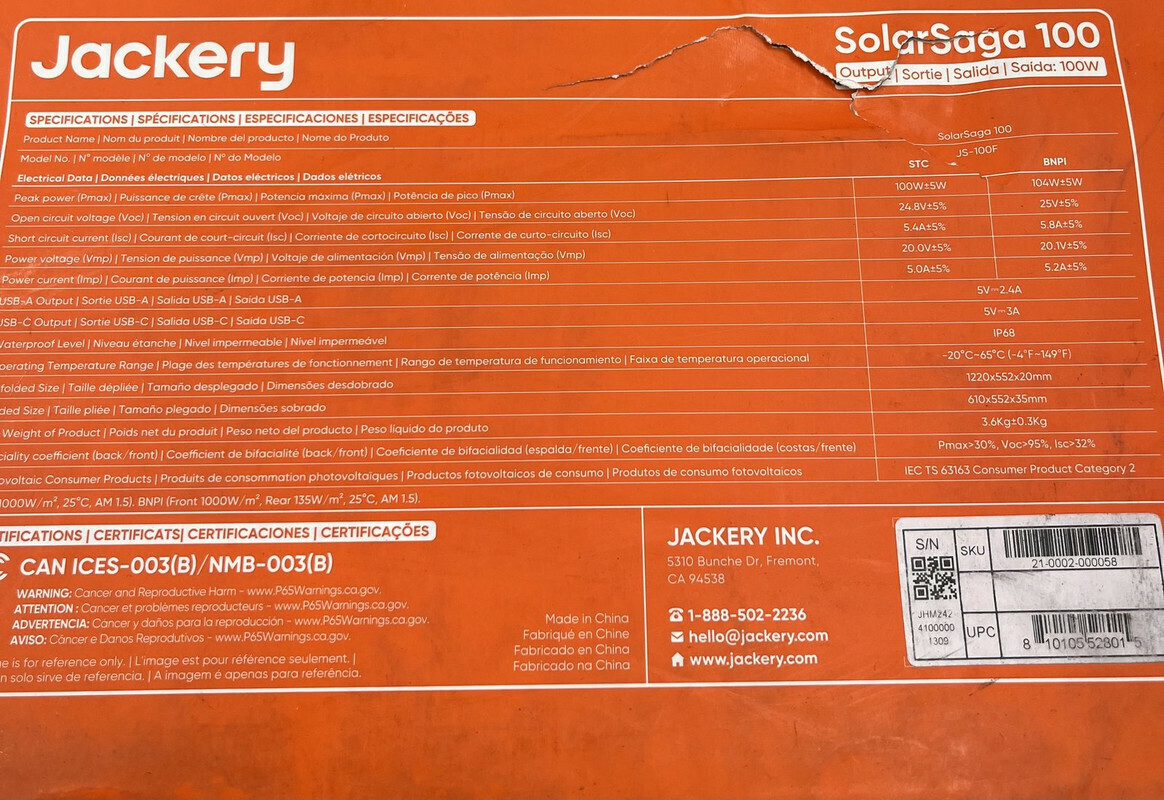 JACKERY SOLAR GENERATOR JS-100F SOLAR SAGA 100 PORTABLE PANEL