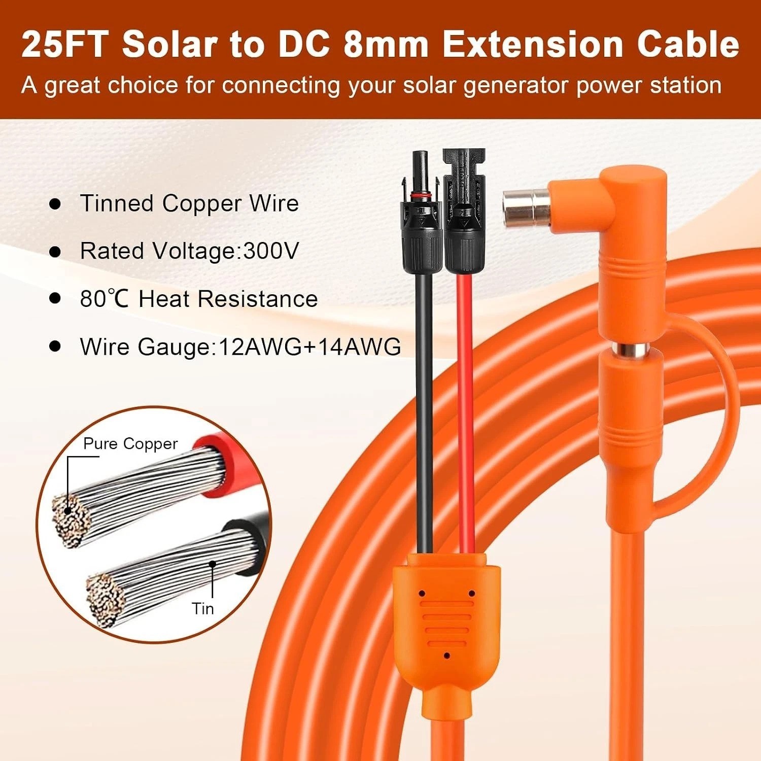 Solar to DC 8mm Charge Extension Cable 25FT,12AWG+14AWG Solar Cable with Sola…