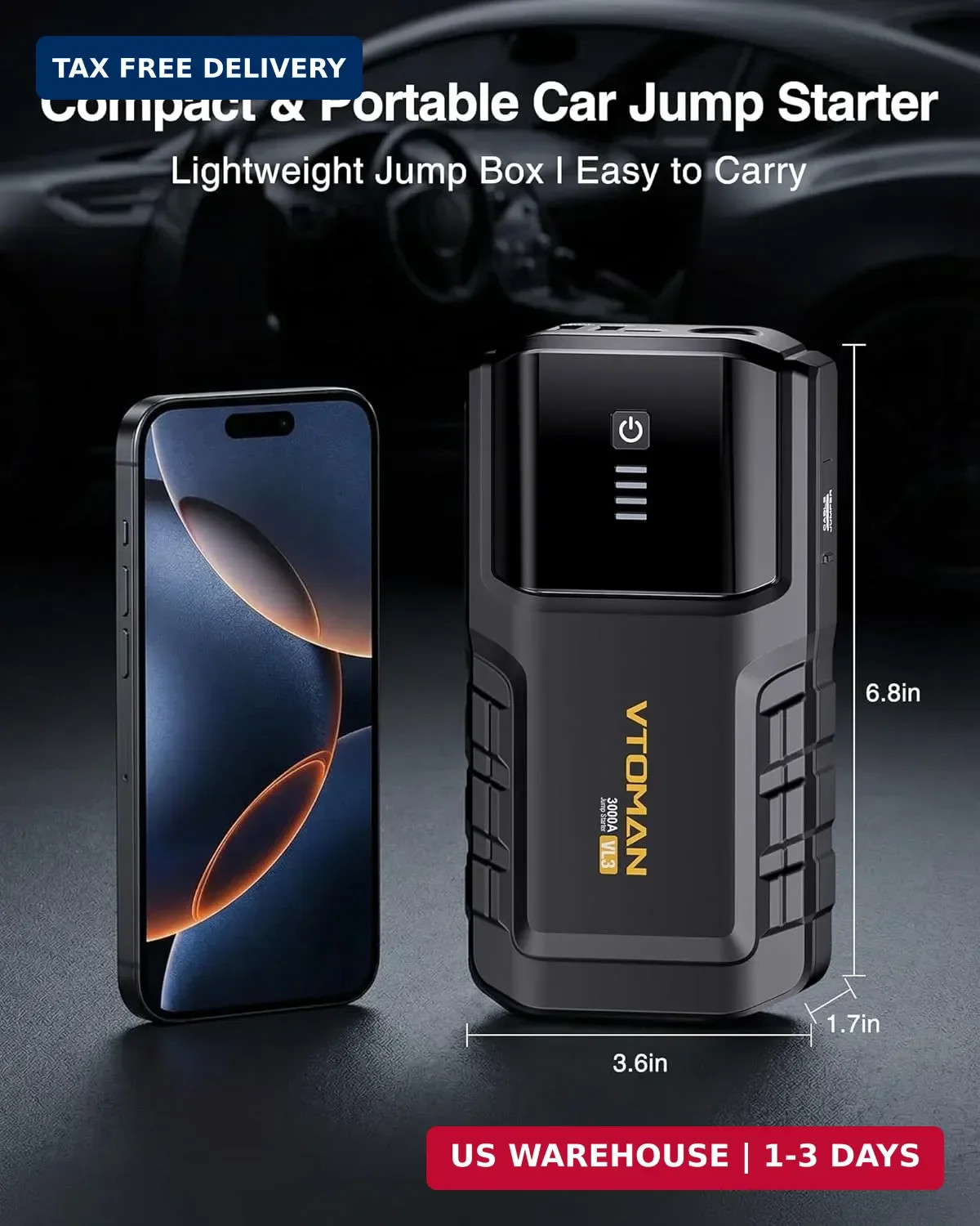 VTOMAN VL3 Jump Starter Upgraded with LiFePO4 Battery, 3000A Portable Car Batter