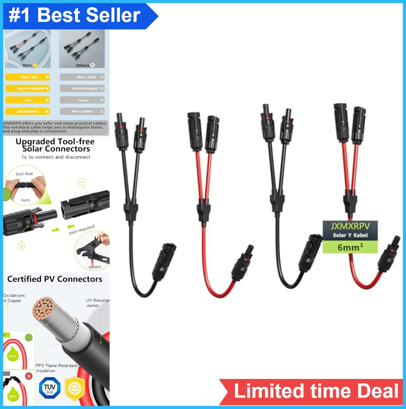 Solar Connector 10AWG 1 to 2 Y Branch Parallel Adapter Tool-Free IP68 Waterproof