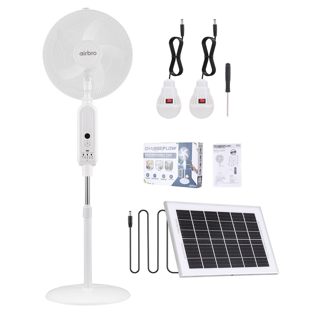 16″ Rechargeable Floor Standing Fan + 2PCS LED Bulbs w/ Remote AC & Solar Charge