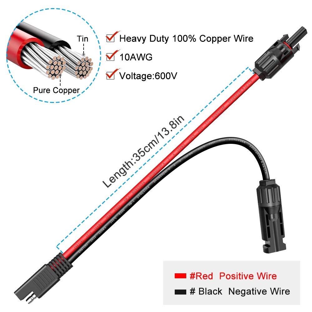 Solar Panel Connector Cable, 10AWG SAE Connector to Male & Female Solar Conne…