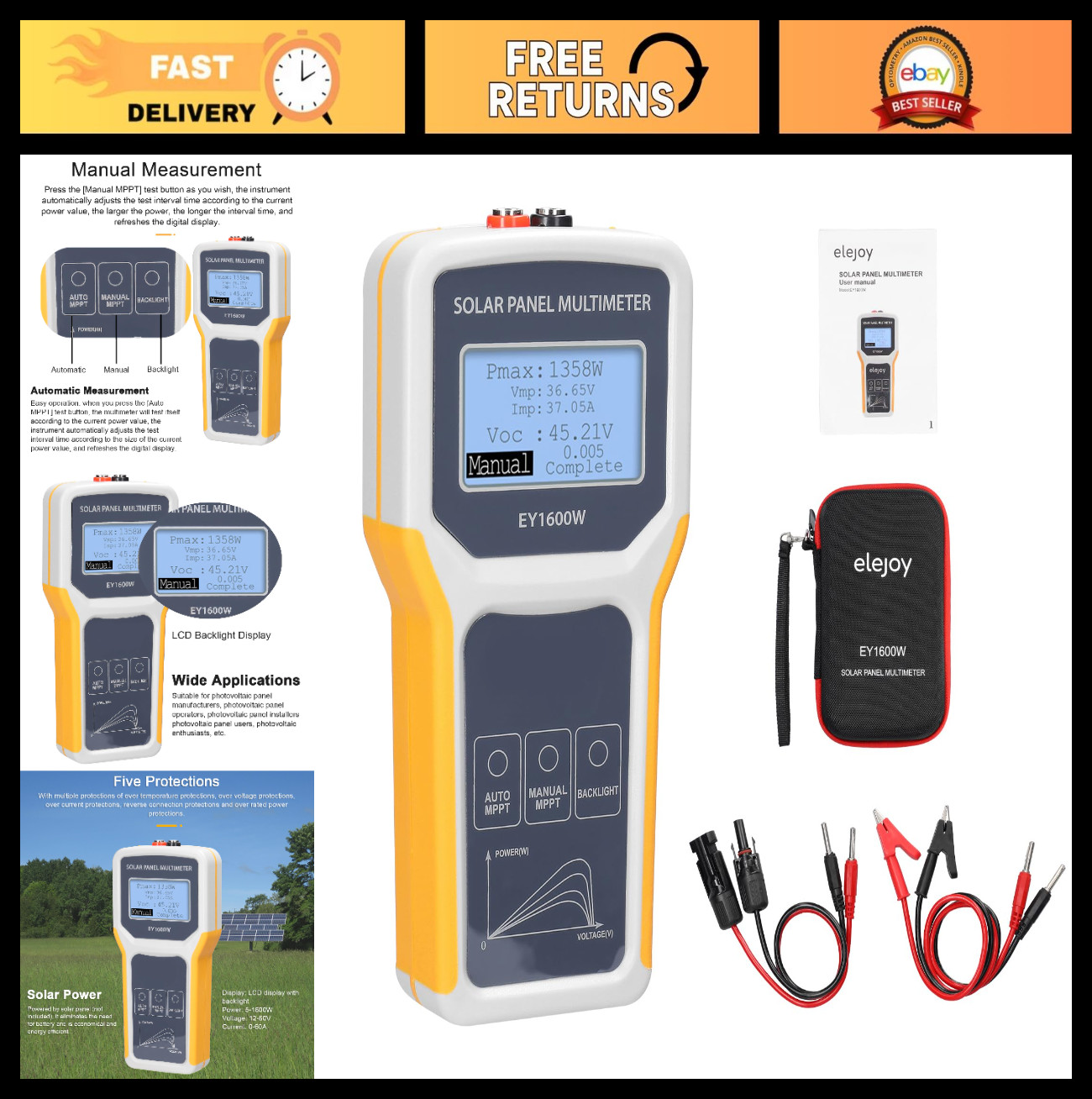 Solar Power Meter 1600W DC/AC Tester for Photovoltaic Panels, MPPT Voltage & Cur
