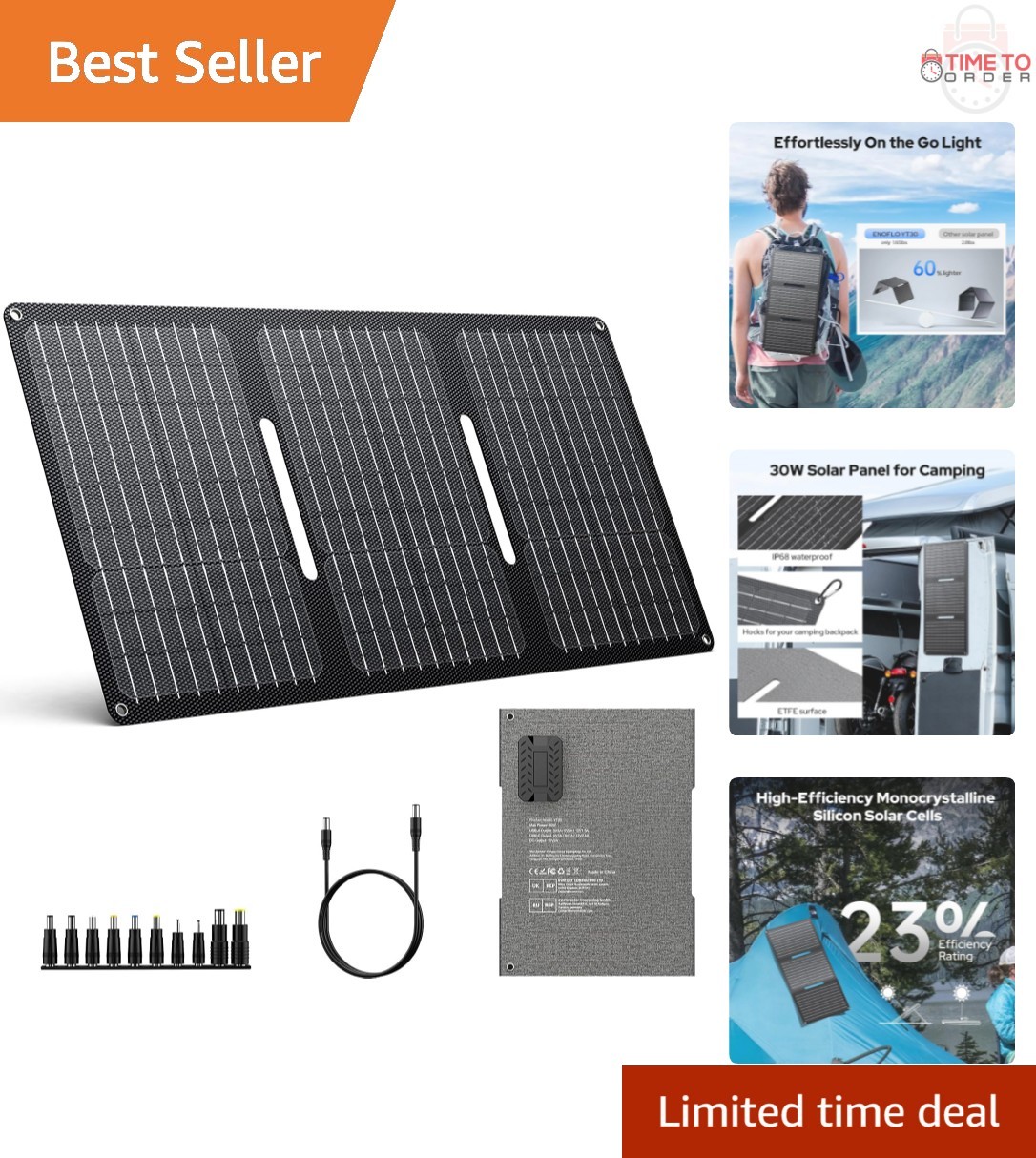 30W Foldable Solar Panel-Charger Waterproof Monocrystalline USB DC Output Cam…
