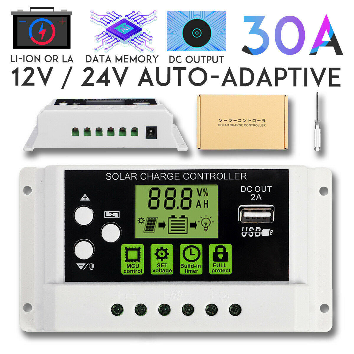 30A LCD PWM Solar Panel Charger Controller For Li-ion Lead Acid Battery 12V/24V
