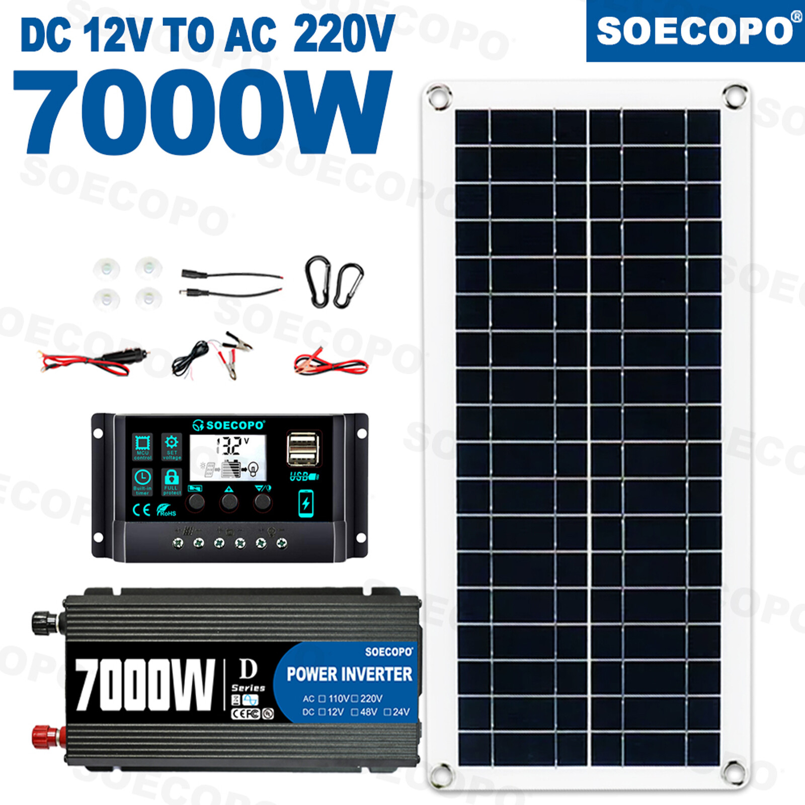 7000W Complete Solar Panel Kit Solar Power Generator 100A 110V/220V Home Syste