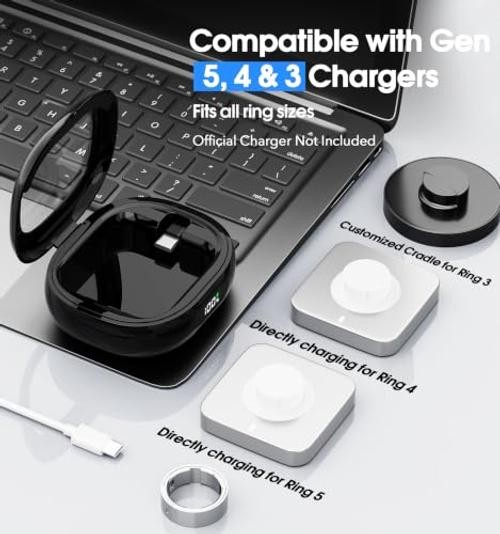 Charging Case for Oura Ring Gen 5, 4 & 3 Charger, 2000mAh Portable Travel Black