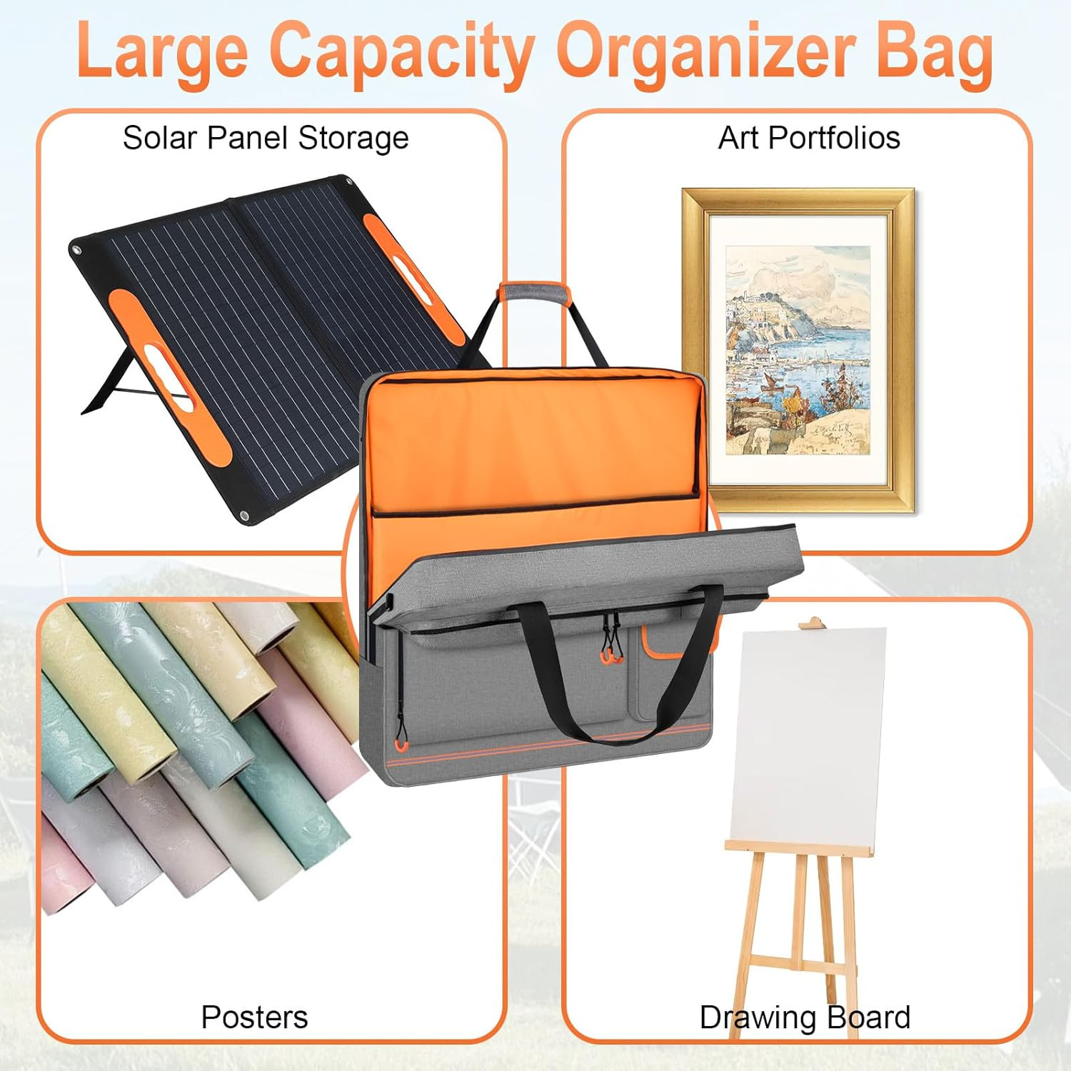 Solar Panel Storage Bag with Orange Lining, Deepened Opening, Zipper with Pull a