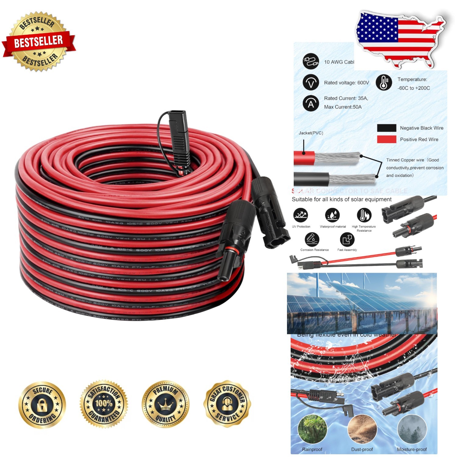 Durable 75ft 10AWG Solar SAE Connector Cable, 600V, Polarity Reverse Adapter