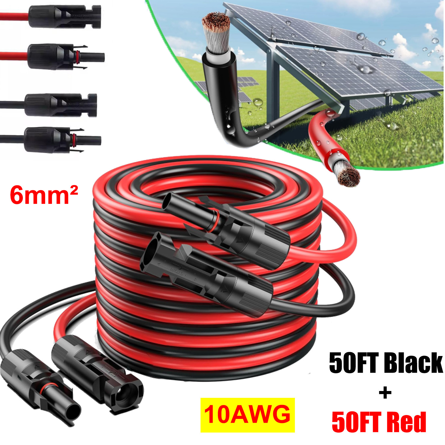 100FT 10 AWG Solar Panel Extension Cable PV Wire +Pair Solar Connectors 6mm²
