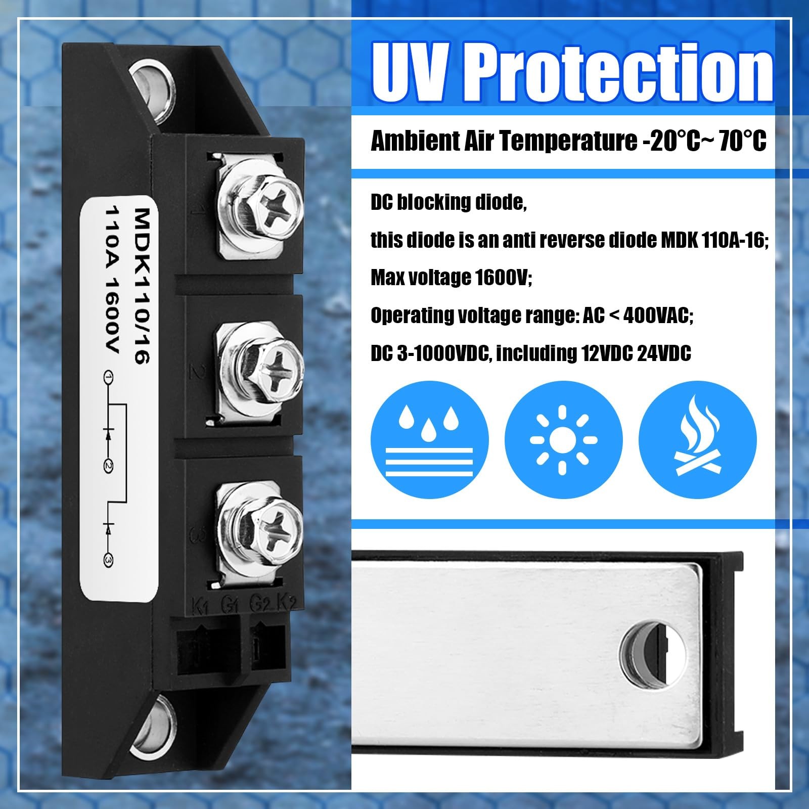 MDK 110A (100A)-16 Solar Diode, DC Blocking Unidirectional in-line Anti Rever…