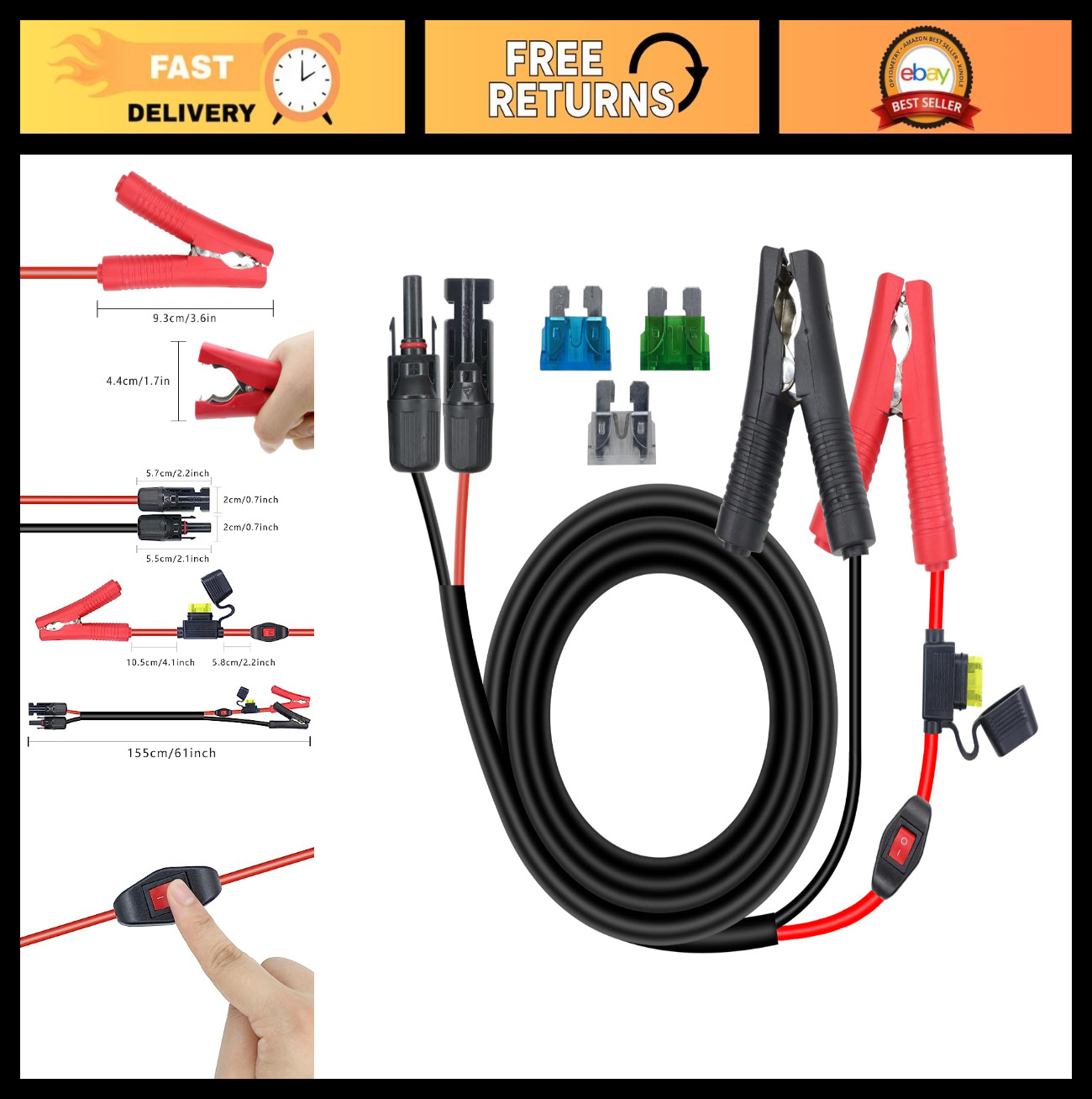 14AWG Alligator Clip to Solar Connector Extension Cable with Switch & Fuse 1.5M