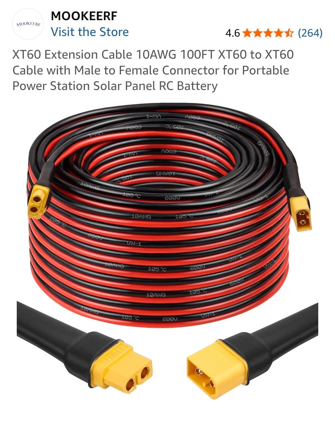 MOOKEERF XT60 Extension Cable 10AWG 100FT Male to Female RC Battery Solar