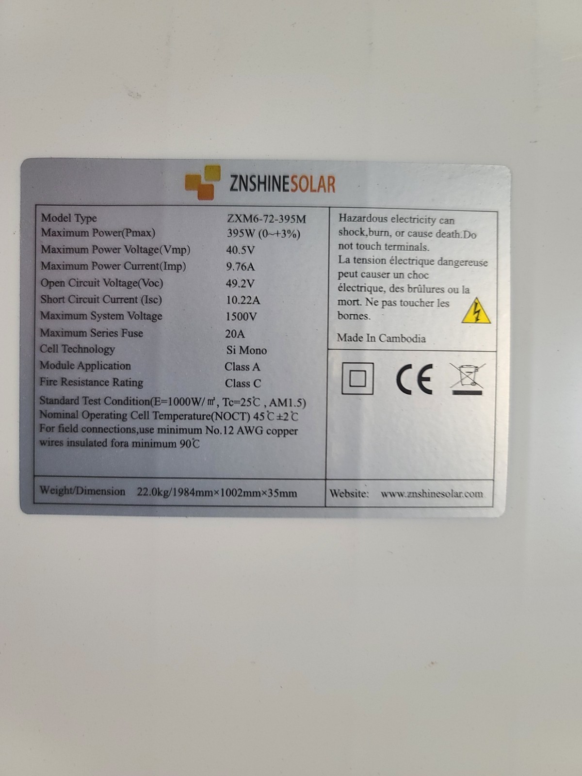 Solar panel 395W ZNShinesolar ZXM6-72-395M
