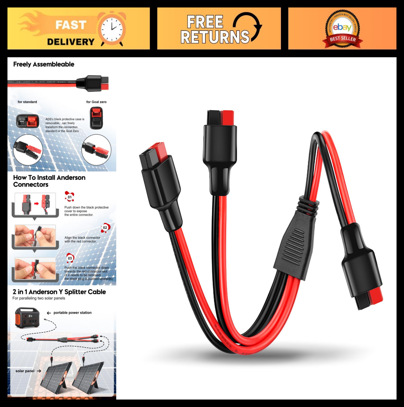 Solar Panel Y Splitter Cable 1 to 2 Branch Parallel Adapter | 10AWG Heavy-Duty,