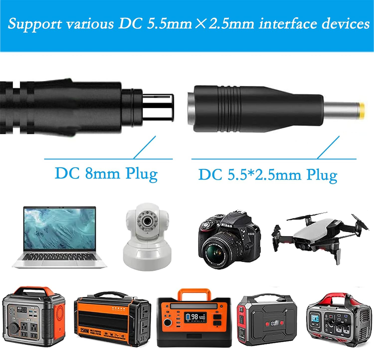 Solar Panel Adapter, DC7909 Female to DC5525 Male Connector, 8Mm to 5.5Mm…