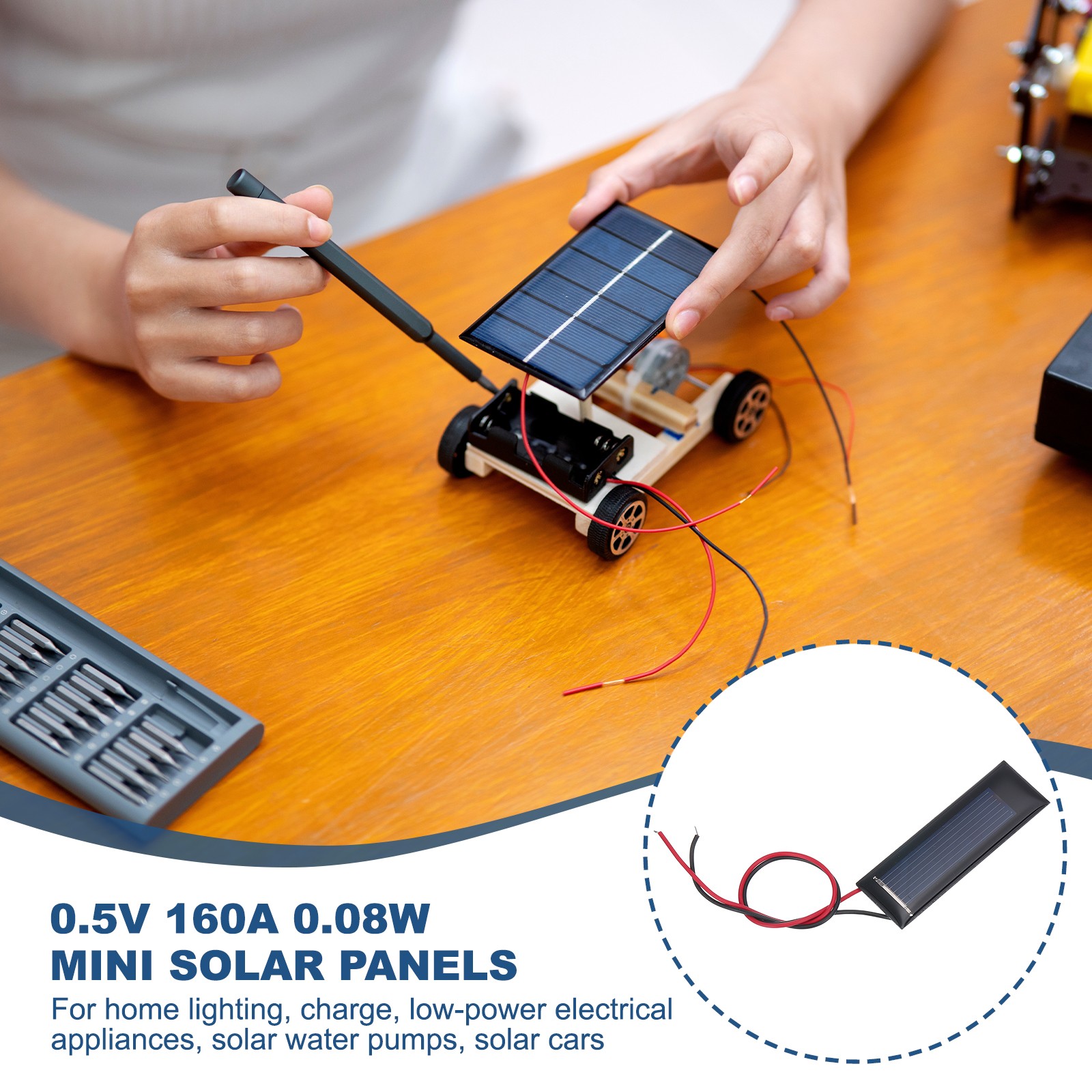 2 Pcs 0.5V 0.08W 160mA Mini Solar Panels with 2 Cable, 53mm x 18mm
