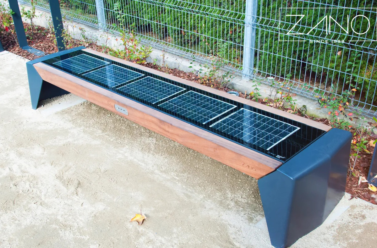 Modern Solar outdoor bench Photon. WIFI, lighting & charging station. USB ports