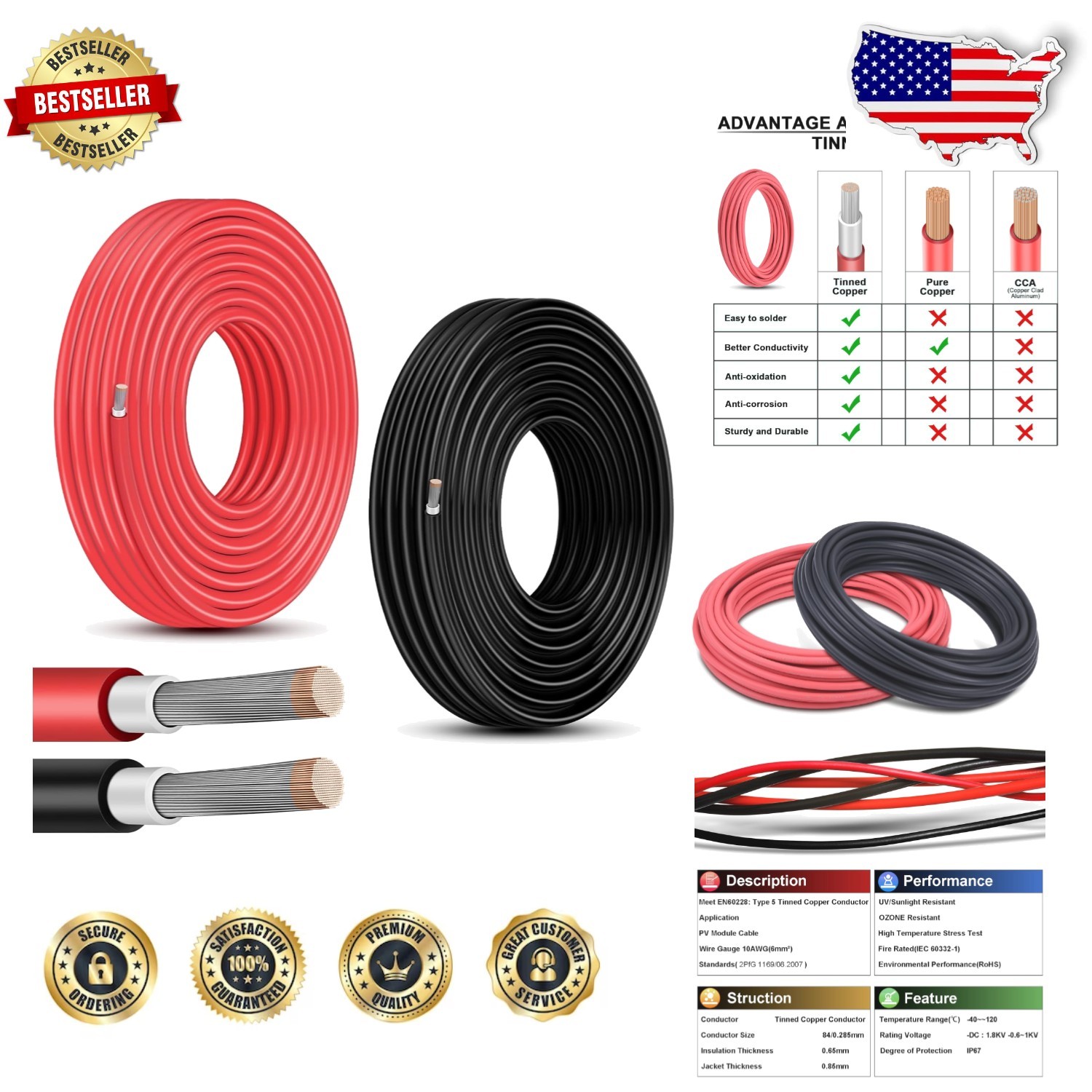 Heavy Duty 10 Gauge Solar Wire 100ft 10AWG Tinned Copper UV Resistant PV Cable