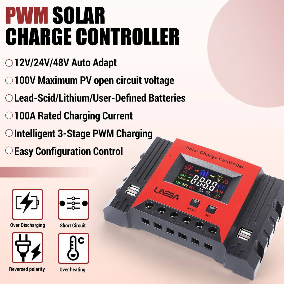30-100A Solar Panel Regulator Charge Controller 12V/24V/48V Auto Focus Tracking