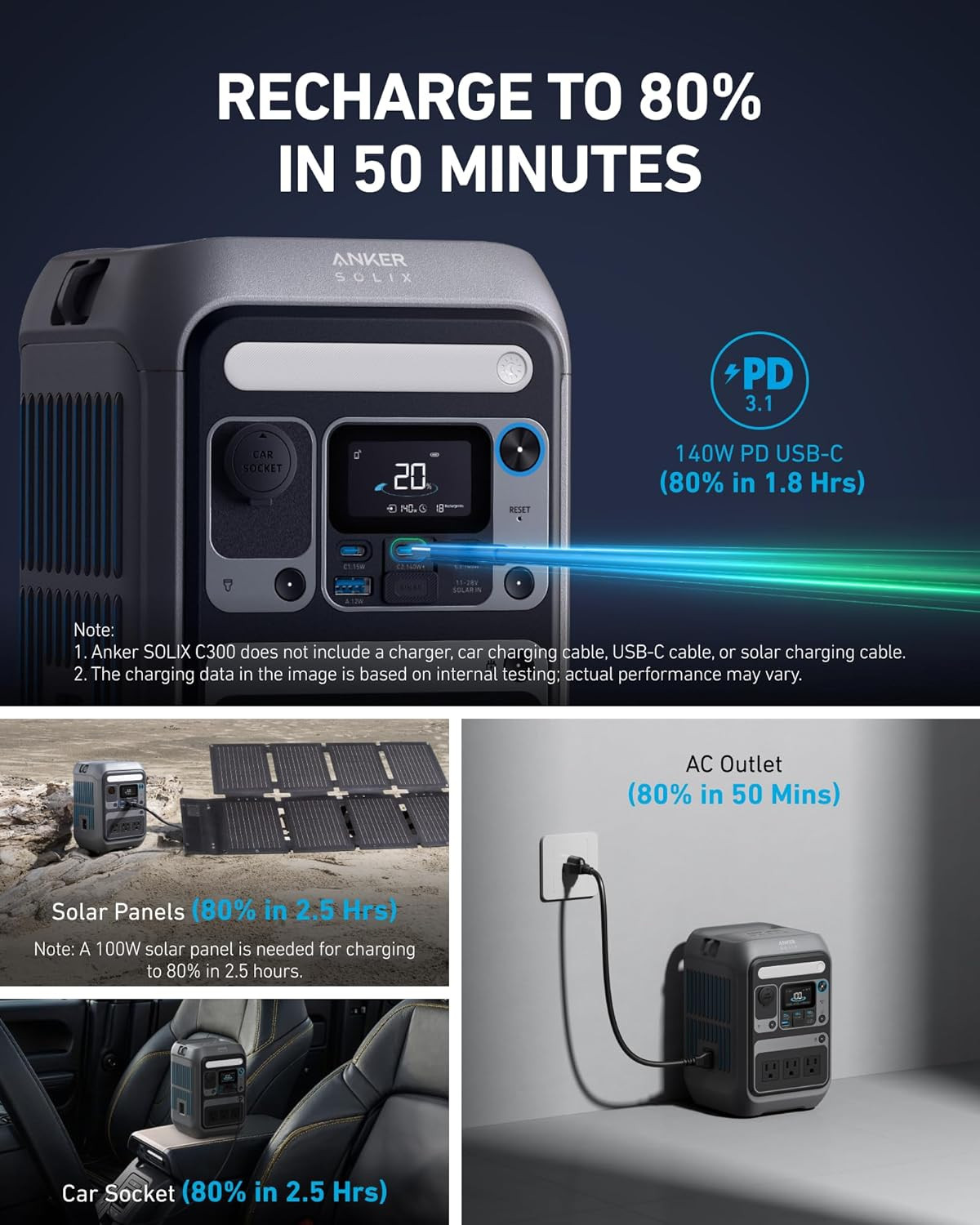 Anker Portable Power Station SOLIX C300, 288Wh Lifepo4 Backup Battery, 300W Sola