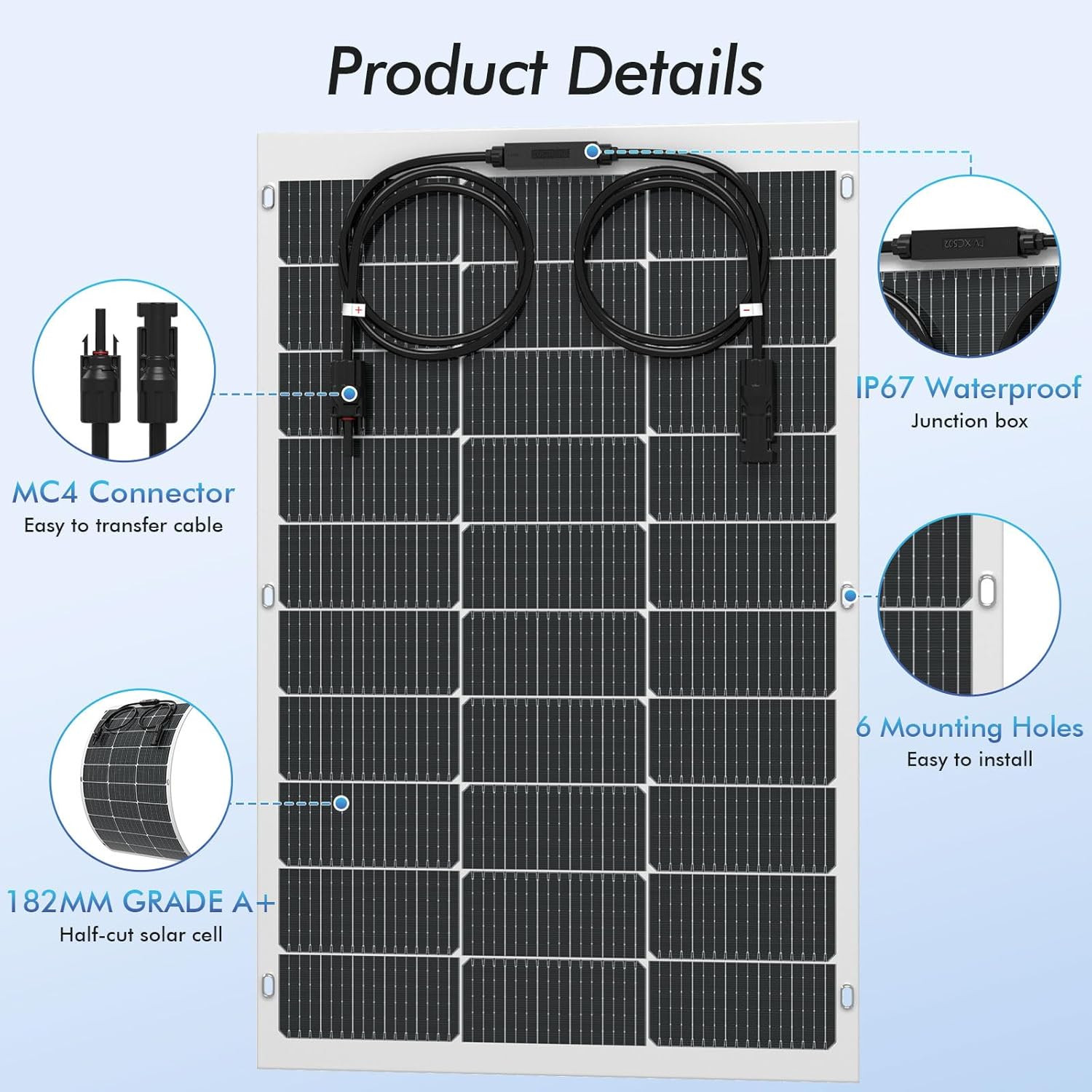 Flexible Solar Panel 2PCS 100 Watt, Fiberglass Bendable Solar Panels 16BB Mono C