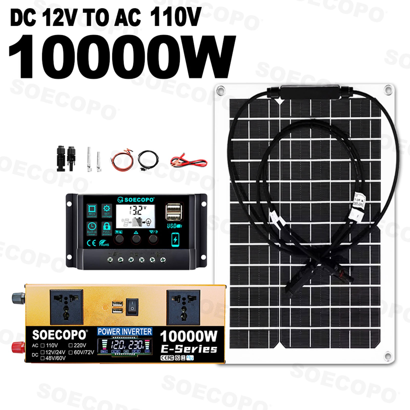 10000W Solar Power System Kit, 12V24V to 110V/220V Inverter Flexible Panel