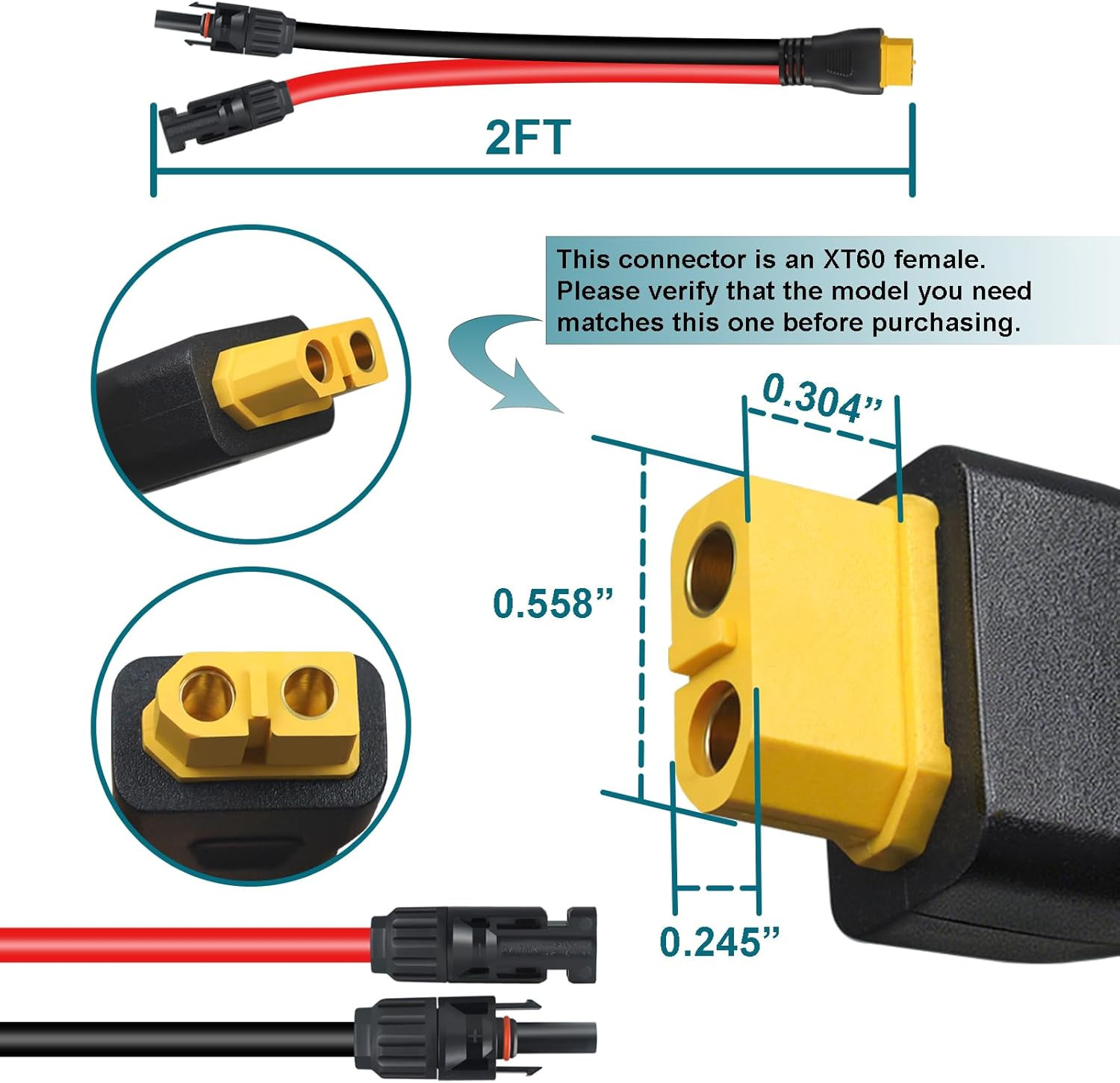 XT60 Connector, Solar to XT60 Extension Charging Cable 2FT, Solar to XT60 Cable