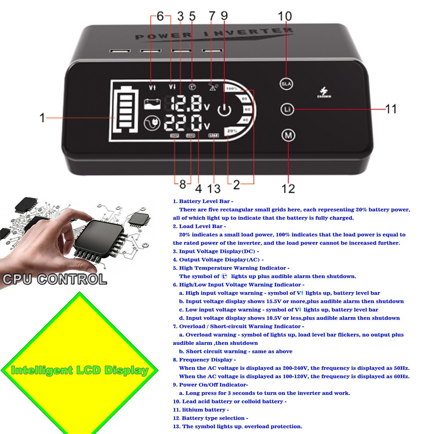 1000W 12V To 110V/220V Pure Sine Wave Power Inverter Solar System Home Outdoor