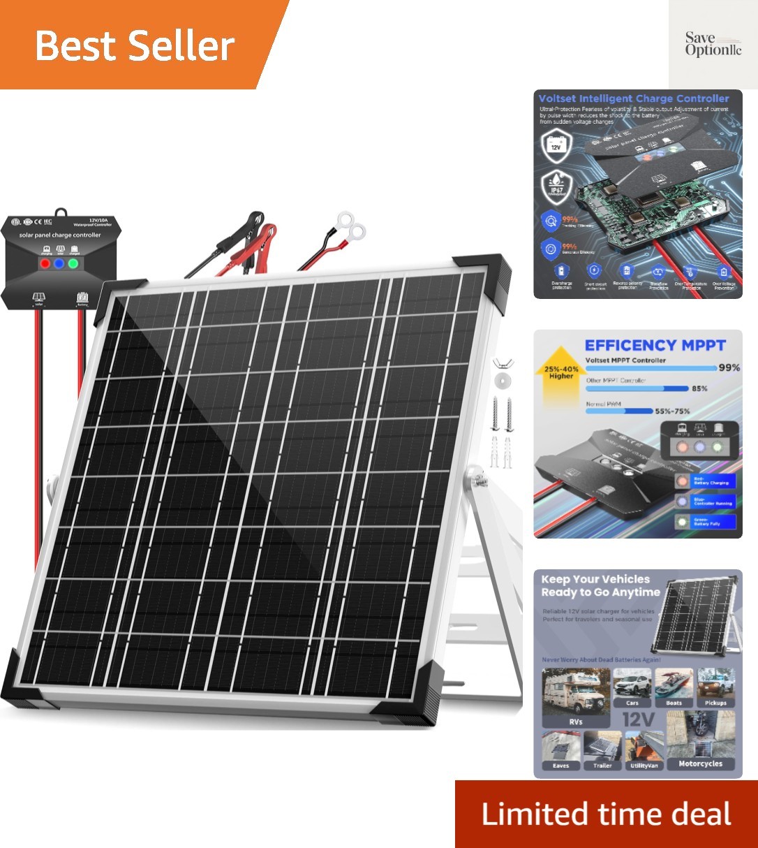 12V Solar Battery Charger – 20W Waterproof Solar Panel Kit with Smart MPPT Co…