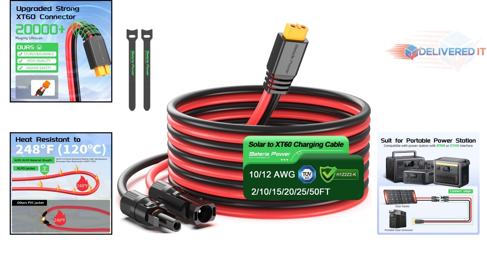10ft Solar Extension Cable 12AWG XT60 for Solar Panel to Power Station