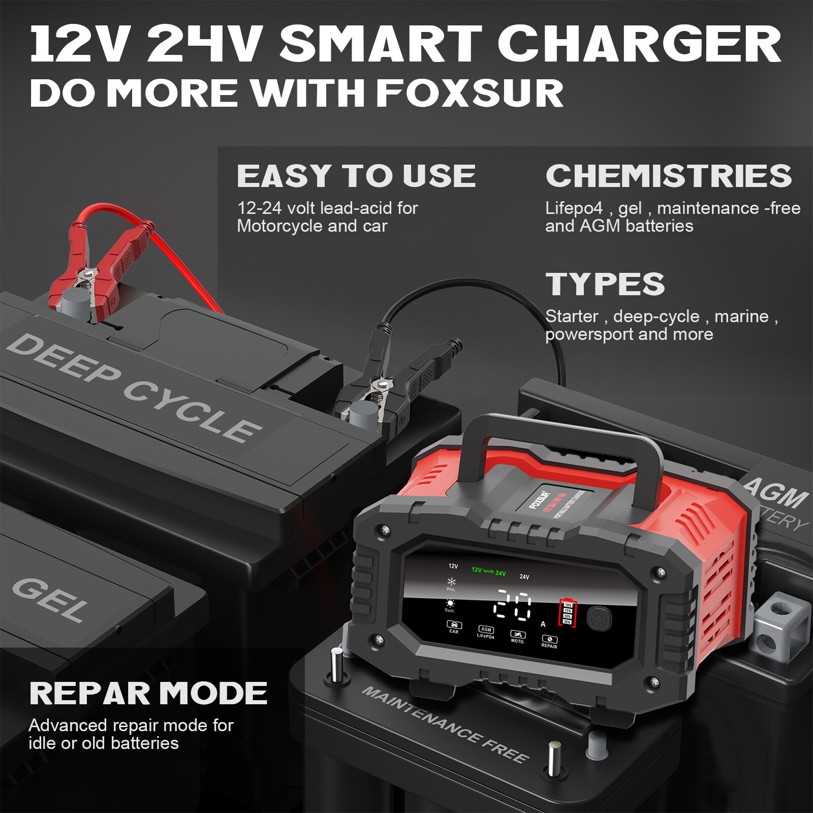12V 120Ah LiFePO4 Lithium Battery BMS Deep Cycle 20A 24V Smart Battery Charger