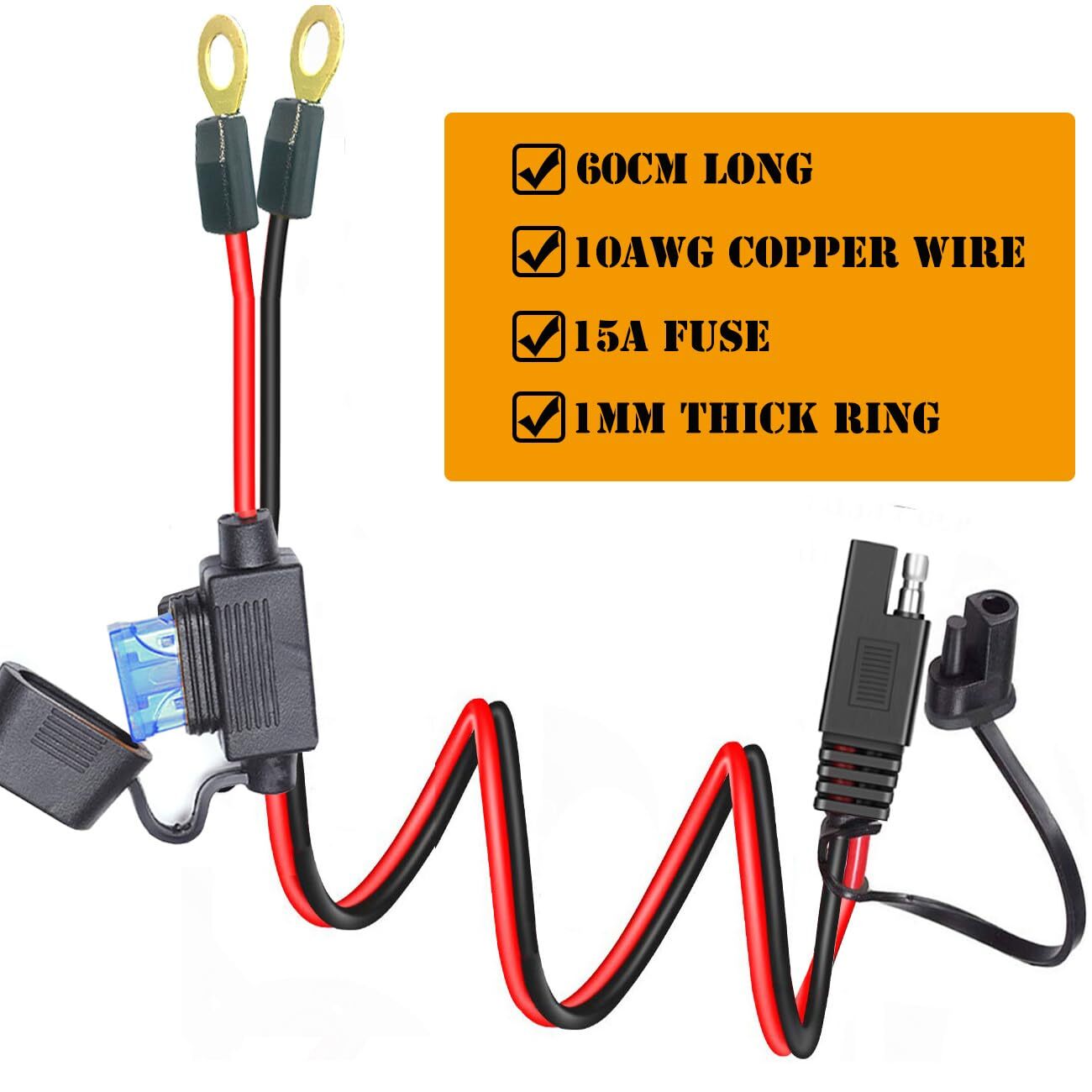 2Ft 10AWG Battery Charger Cable SAE to O Ring Terminal Quick Disconnect Harness