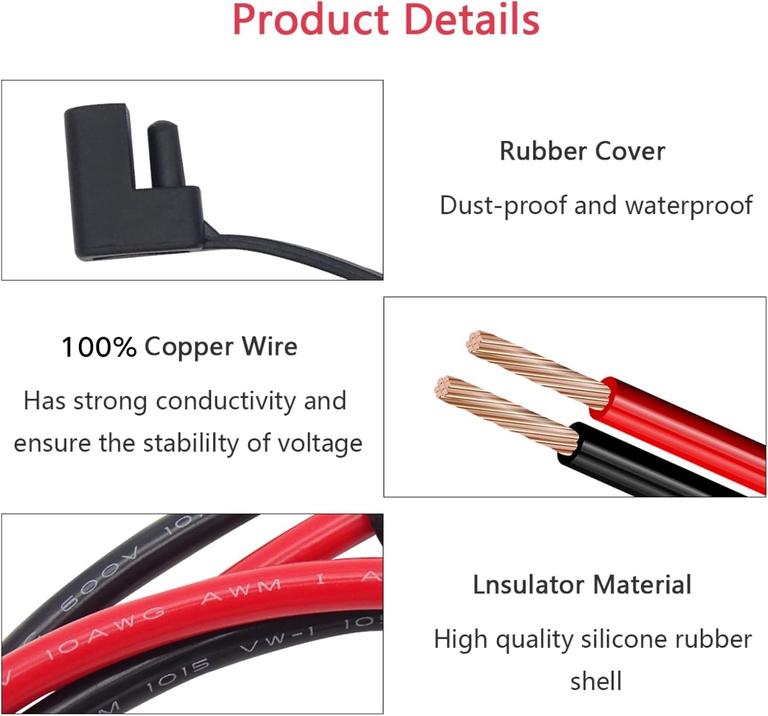 2 FT SAE Extension Cable Copper 10GA Waterproof Quick Connect with Fuse