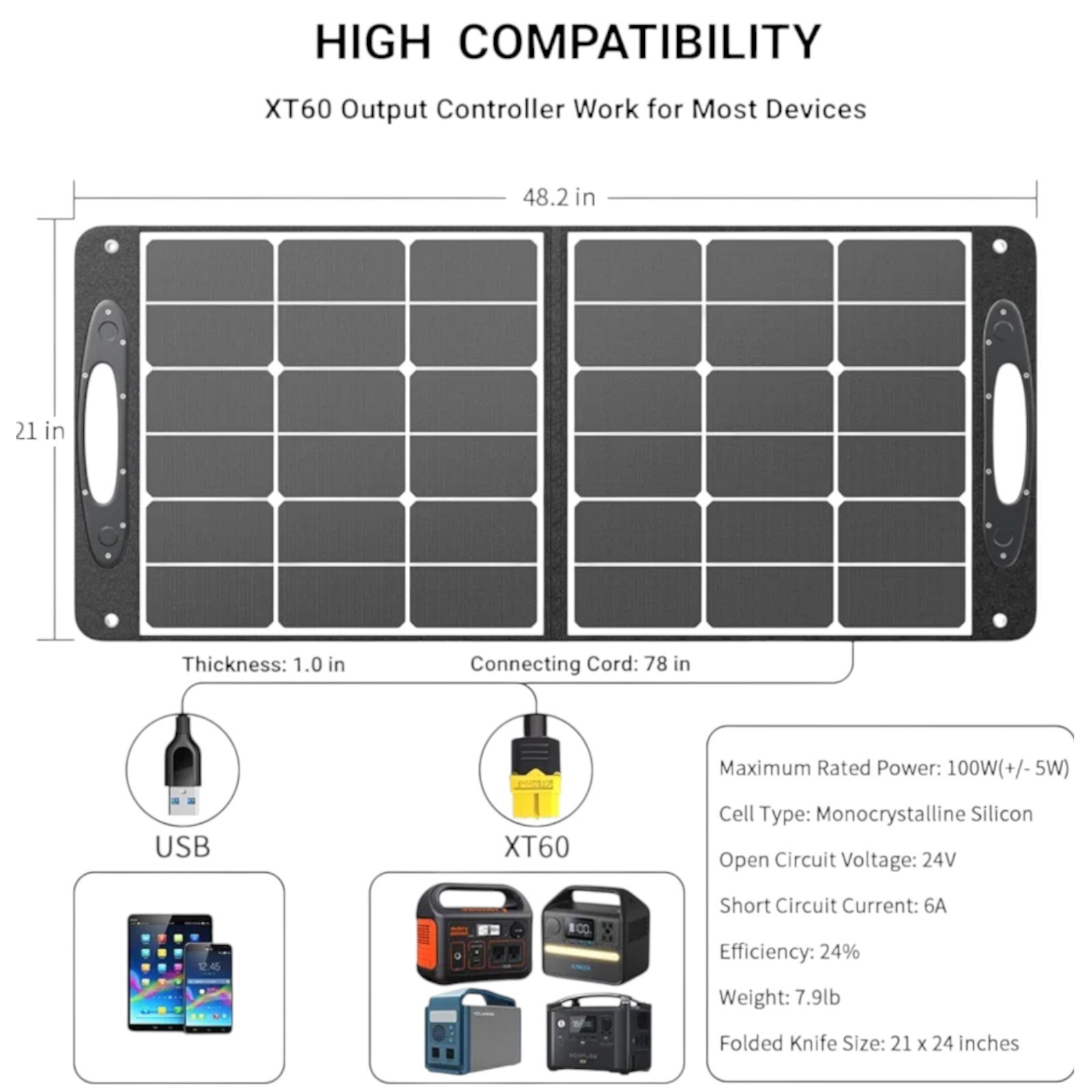 100 Watt Portable Solar Panel for Power Station, Foldable 100W Solar Panel fo…