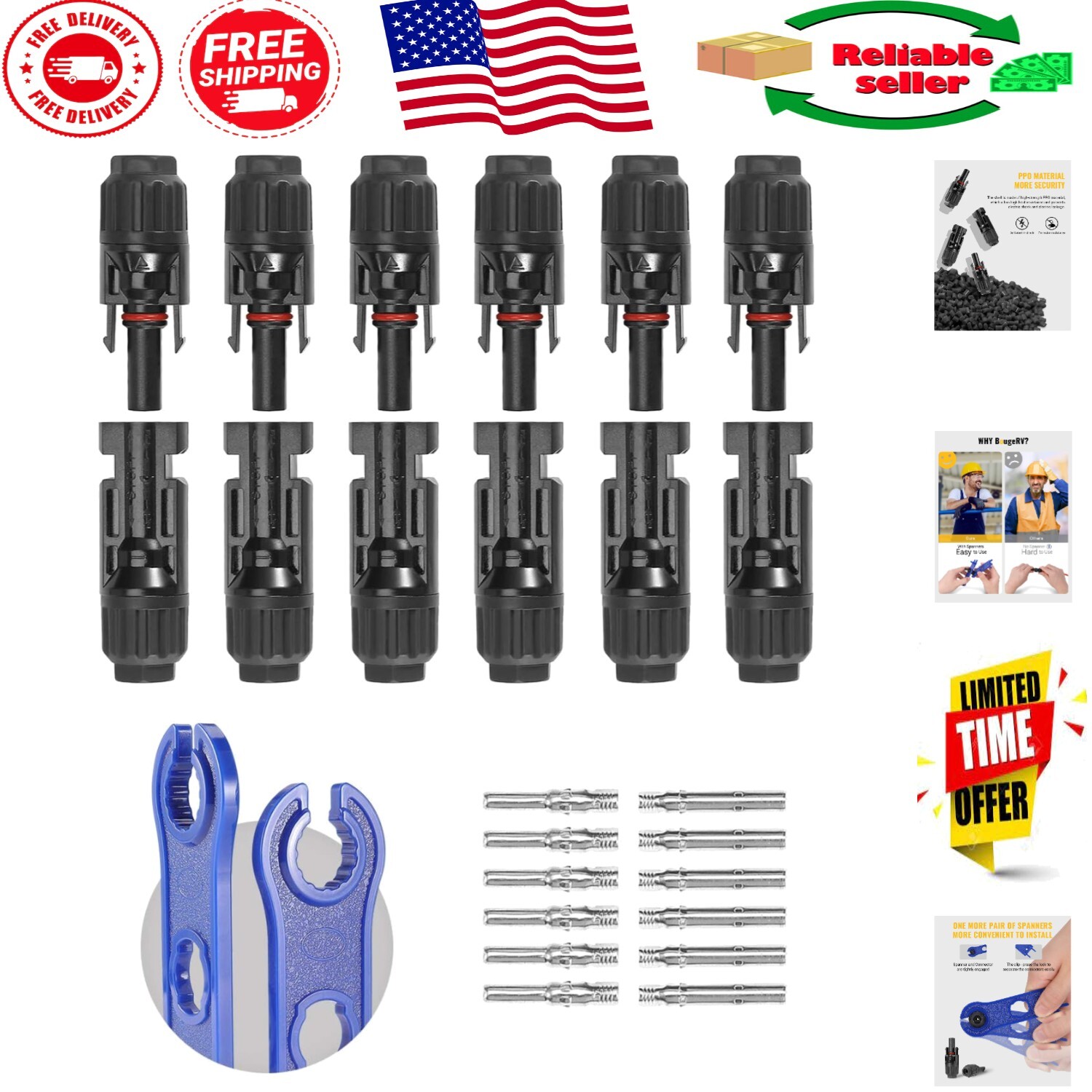 Universal 12 PCS Solar Cable Connectors with Spanners – Ideal for All PV Systems