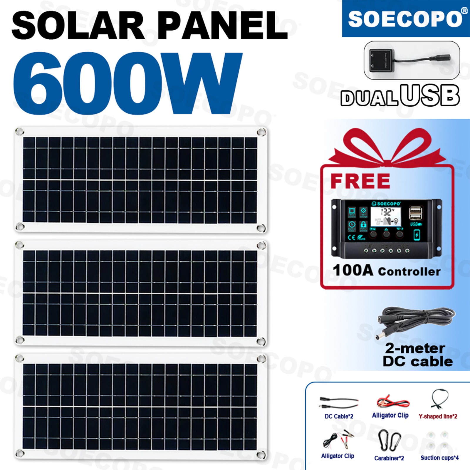600W Solar Panels – 3x200W High-Efficiency PV Panels + 100A Controller