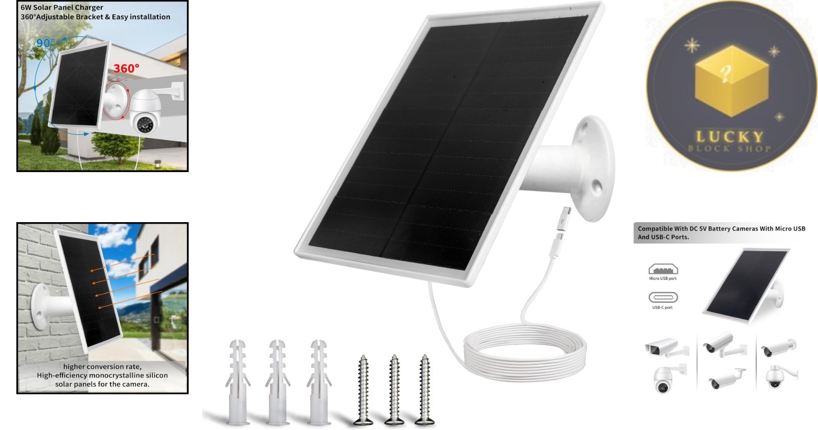 High-Efficiency 6W Solar Panel with 360° Adjustable Mount for Outdoor Cameras