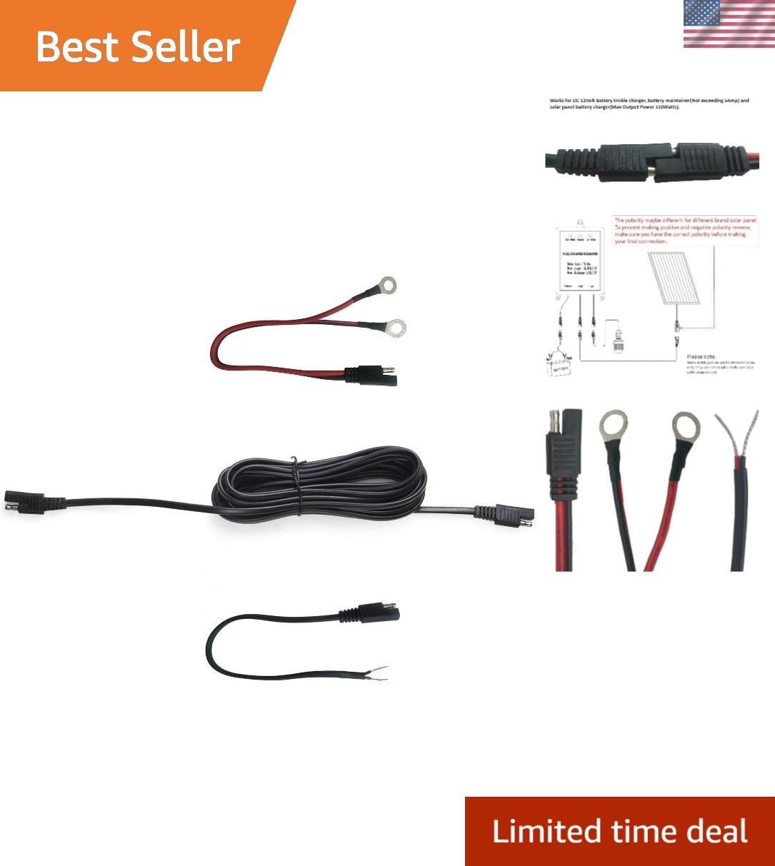 Durable 16FT Extension Cable with Ring & Bare Strip Connectors for 12V Systems
