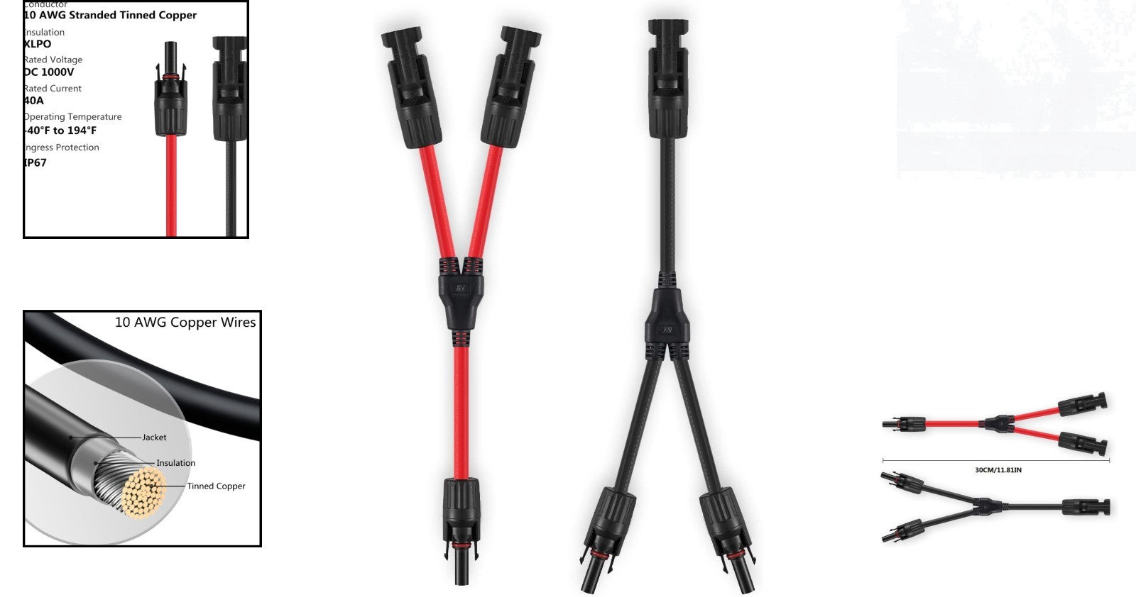 Y Branch Solar Connector 10AWG Cable for Efficient Parallel Setup, Red & Black