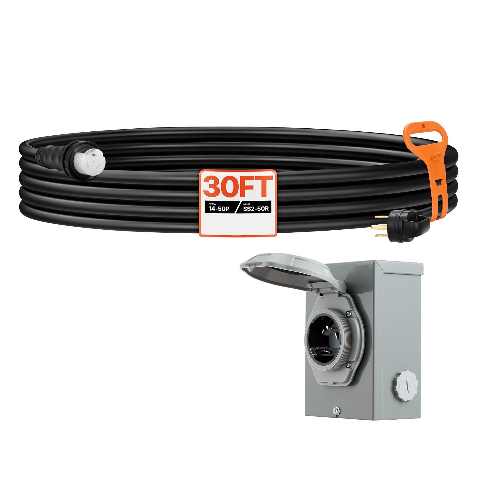 50 Amp Generator Cord and Power Inlet Box, 30FT, 125V/ 250V STW 6/ 3 + 8/ 1 AWG