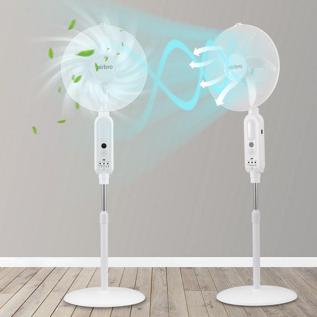 16″ Floor Standing Fan Solar Powered w/ 2PCS Emergency LED Bulbs Remote Outdoor