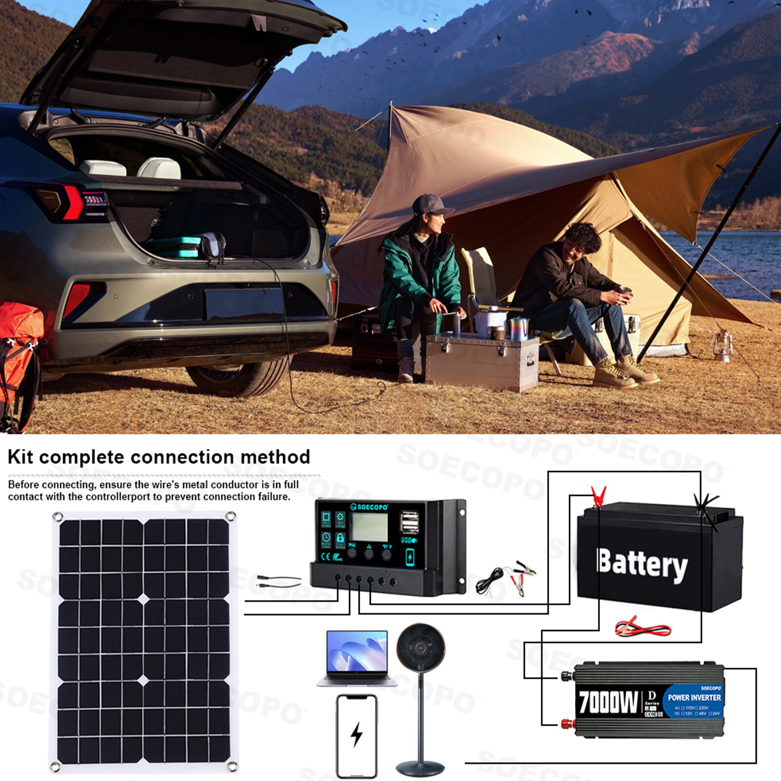 US 7000W Solar Kit 12V 110V Inverter Battery ChargerLighting Camping 500W Panel