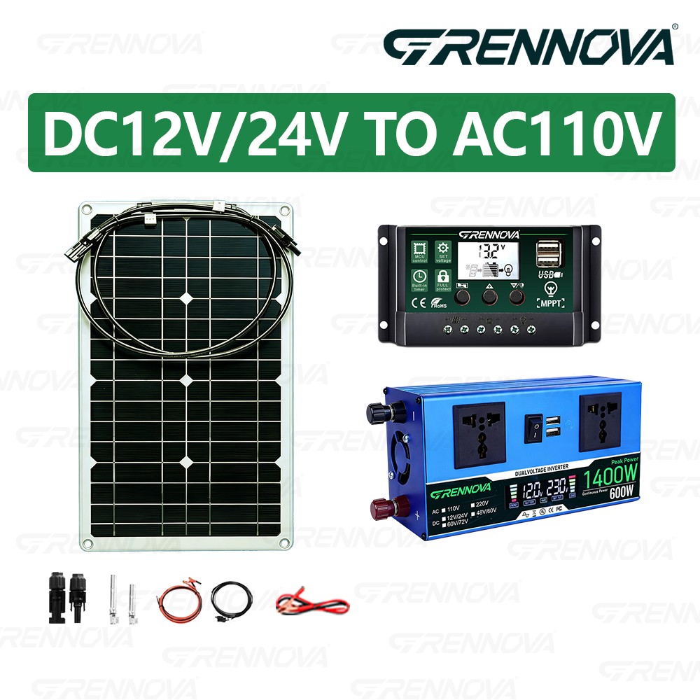 Grennova 1400W Solar Kit 80W Mono 60A MPPT 12/24V 110/220V Inverter RV Home