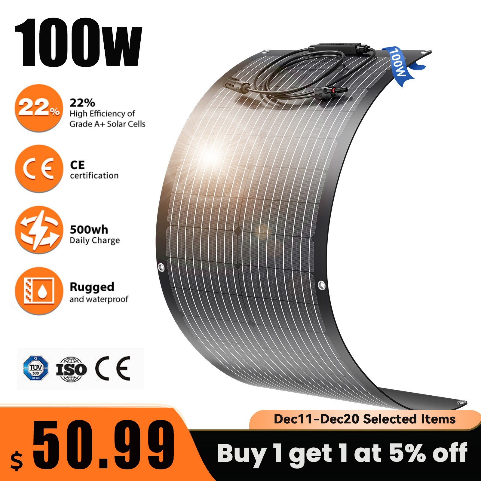 100W Watt Flexible 12V Mono Solar Panel Home RV Rooftop Camping Off-Grid Power