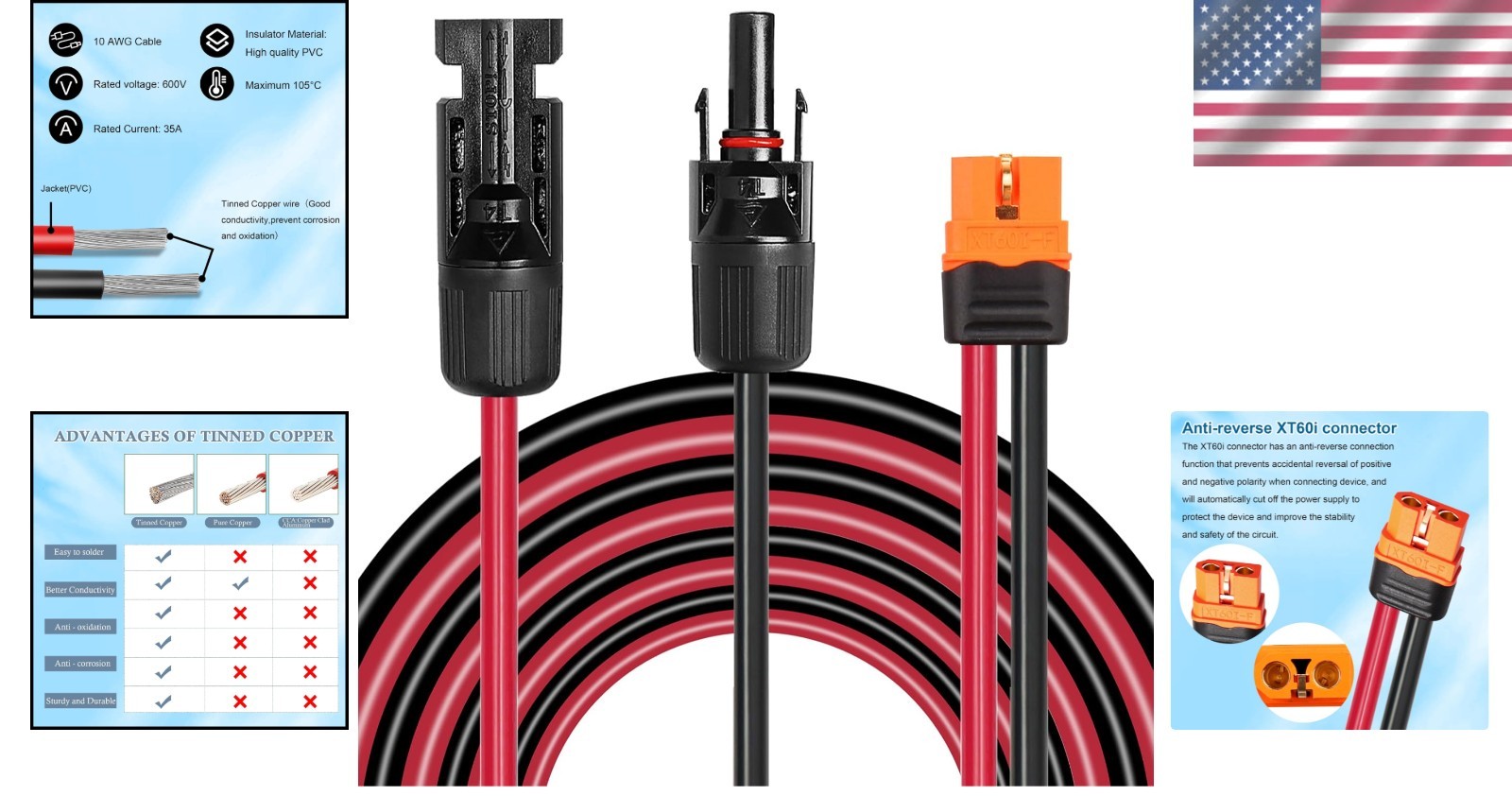 10FT Weatherproof Solar to XT60i Cable – 10AWG for High-Efficiency Performance