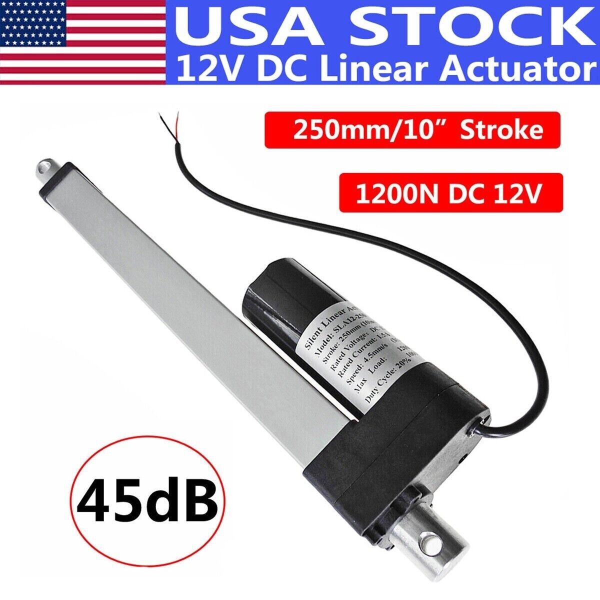 US Heavy Duty 250mm 10″ Stroke Ultra-quiet 1200N DC Linear Actuator for Auto Car
