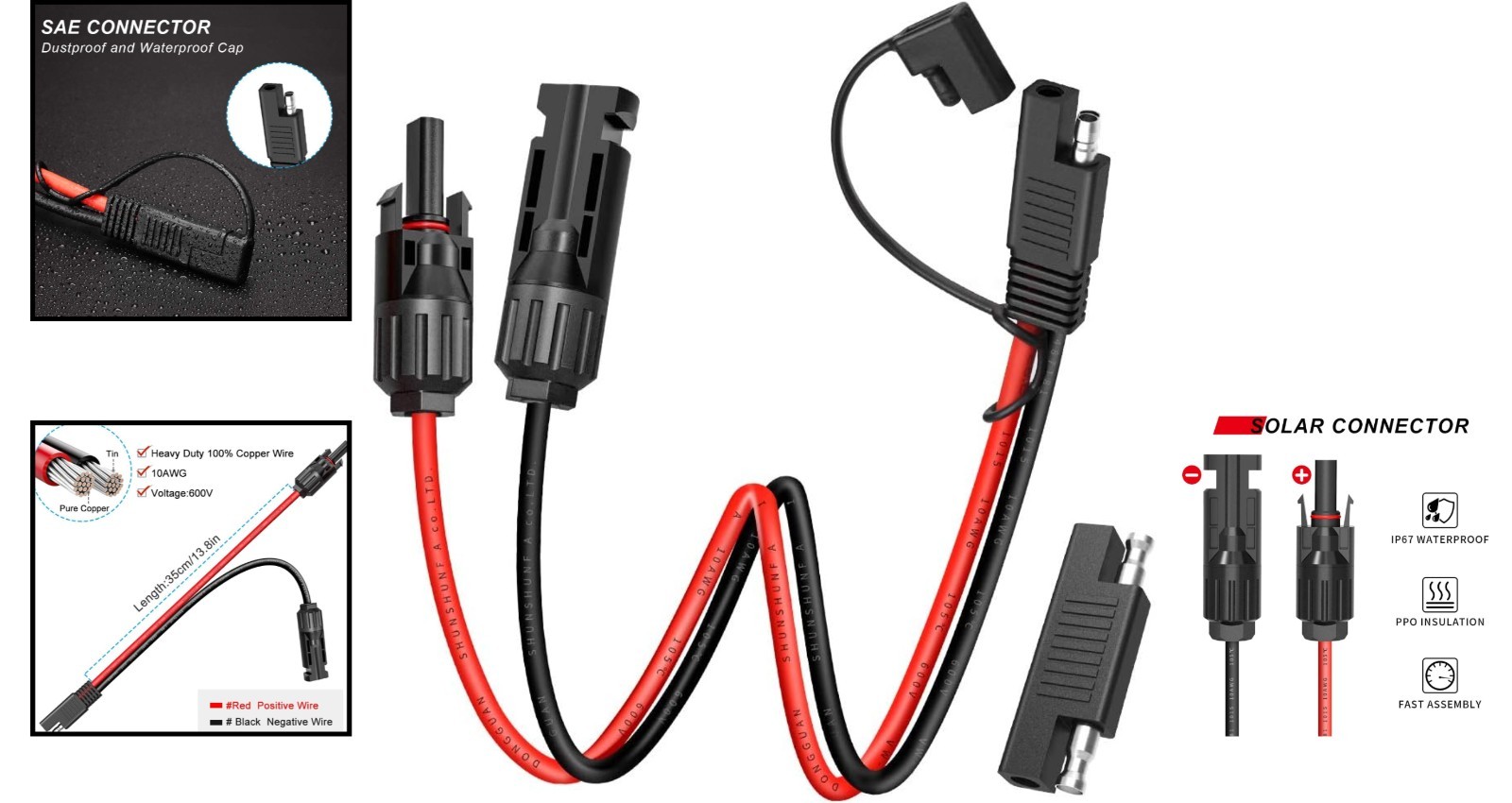 10AWG Solar Panel Connector Cable SAE to Male & Female PV Extension for RV