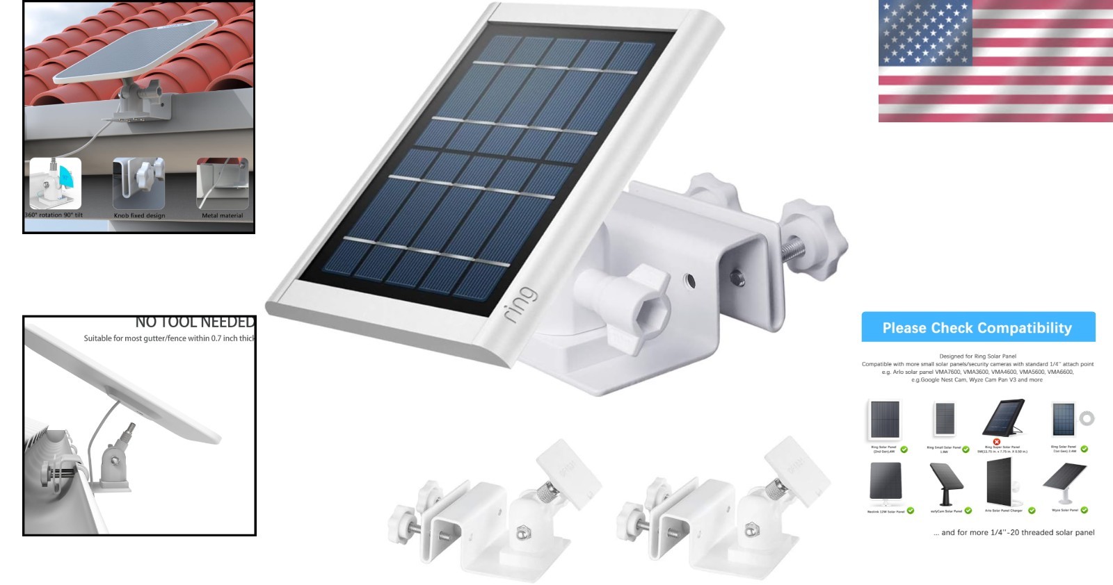 Adjustable Gutter Mount for Ring Solar Panel – White, 2 Pack